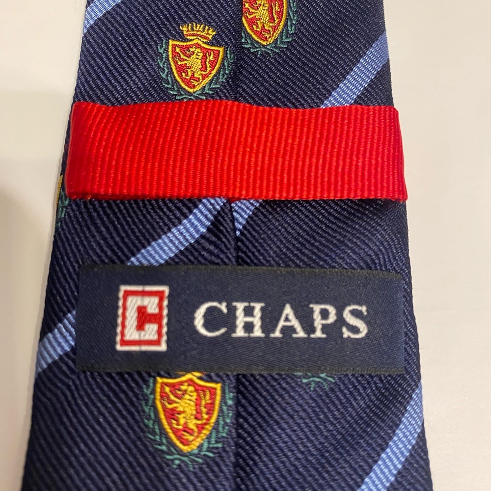 Chaps Navy Academia Tie with Dragon and Crown Crests Lt. Blue Stripes Preppy - Picture 3 of 5
